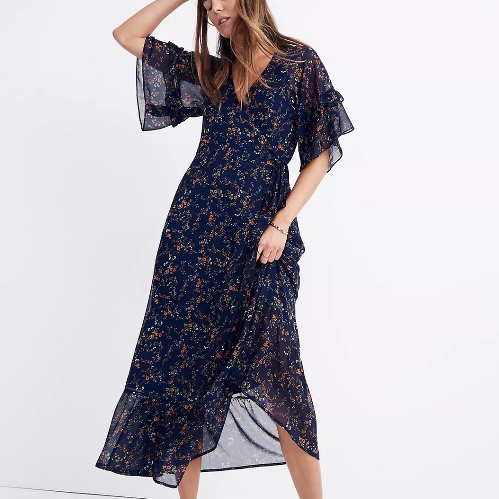 Madewell Vervain Ruffle-Sleeve Wrap Dress in Moonless Floral Size XS